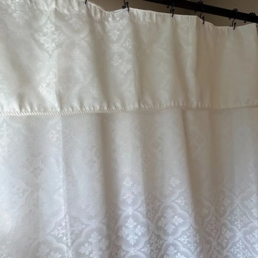White Tone on Tone Shower Curtain with Built-In Valance Jacquard Damask Pattern